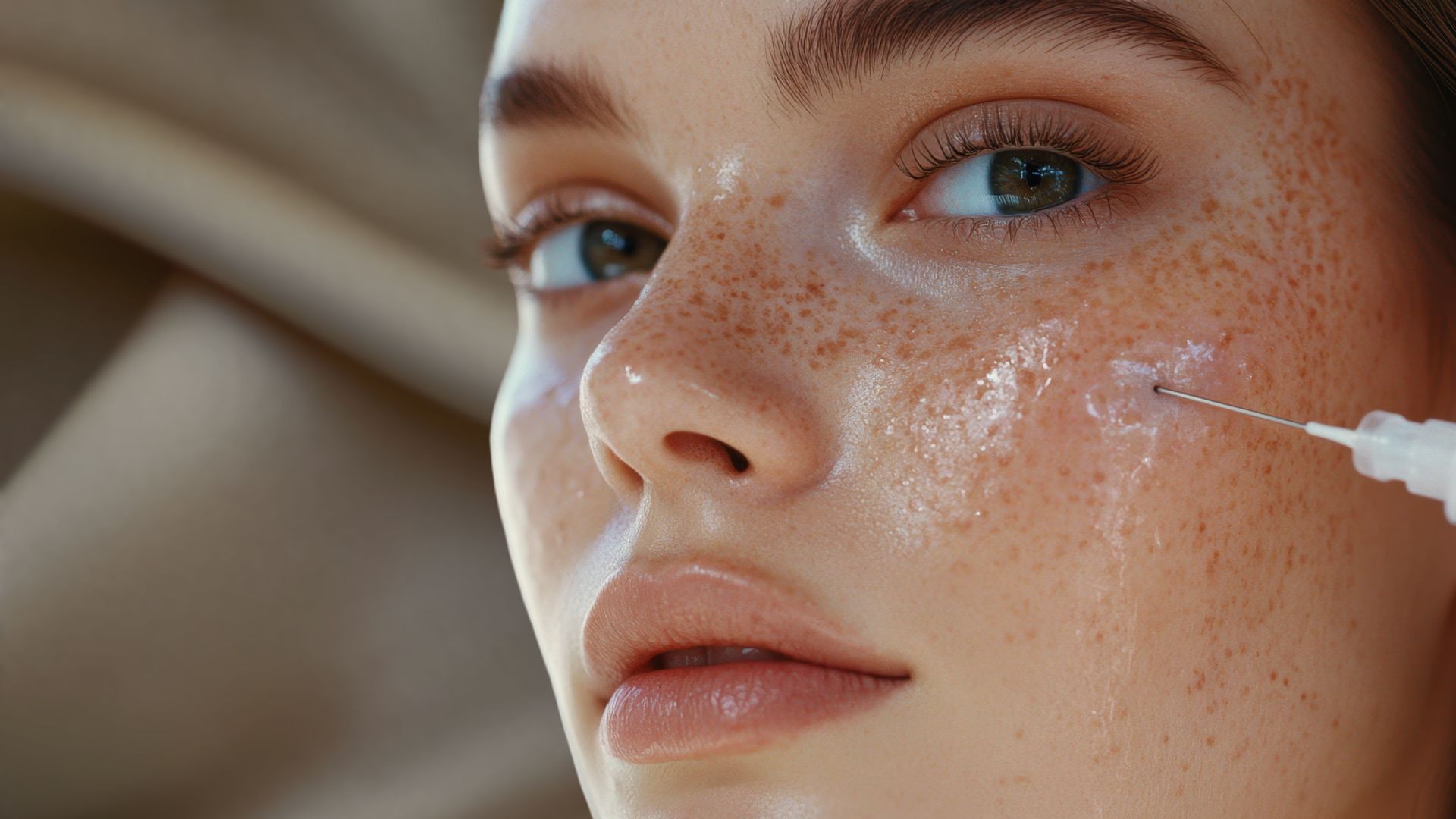 Das Gesicht einer Frau, bei dieser ein Skinbooster verwendet wird. 